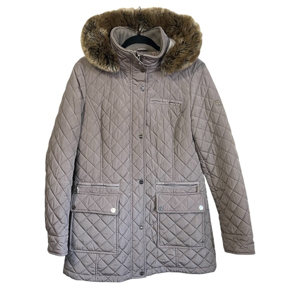 Calvin Klein Quilted Coat In Beige Tan With Faux Fur Trim Hood Size Medium - Picture 1 of 11